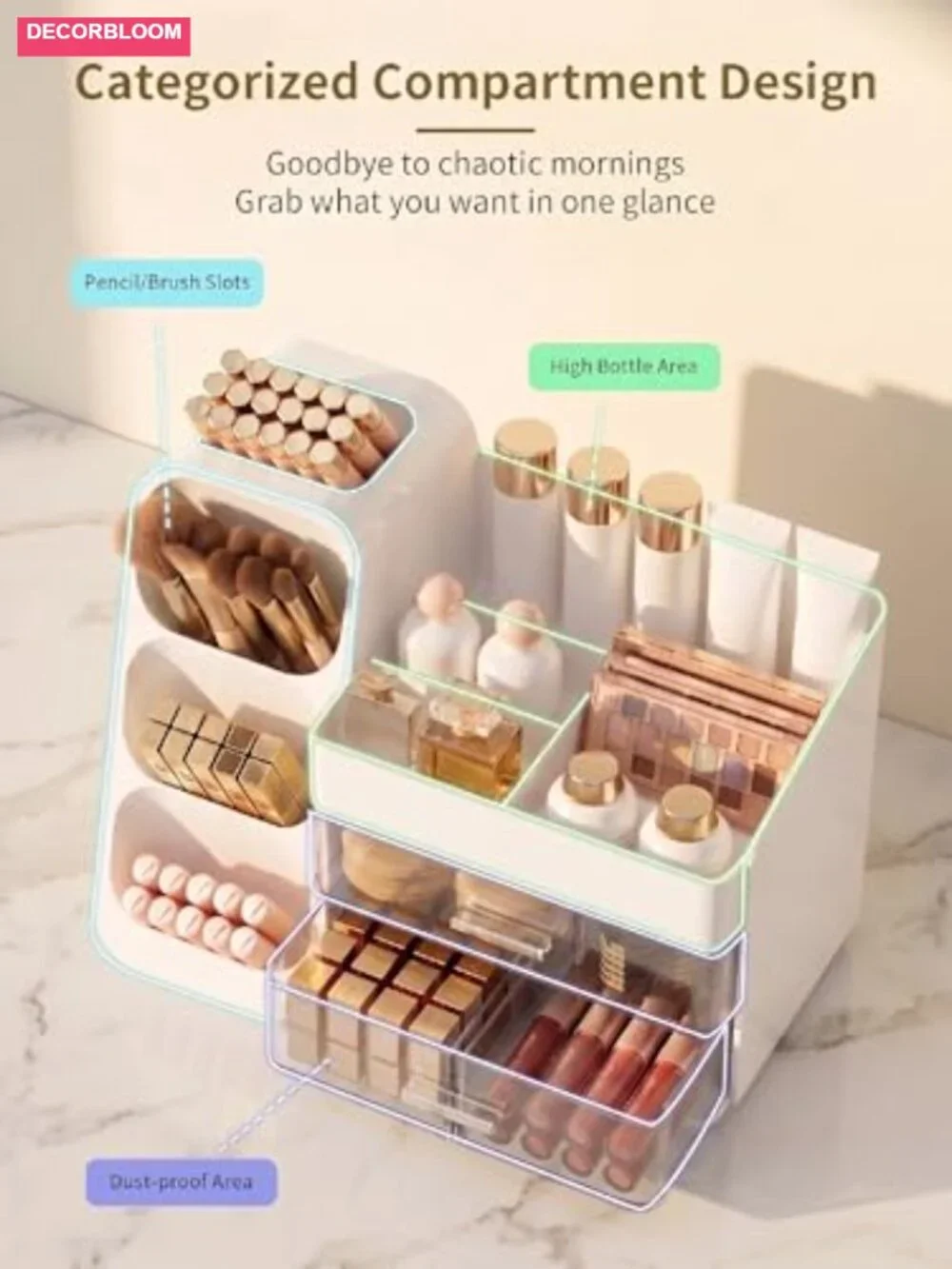 Large Capacity Makeup Organizer with Acrylic Drawer for Vanity